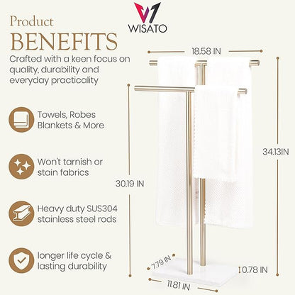Free Standing Towel Rack for Bathroom - Satin Gold Finish - Stand Alone 2 Tier Stainless Steel Towel Rack for Bathroom Floor with Heavy Marble Base, Double T Shape Drying Stand for Towels