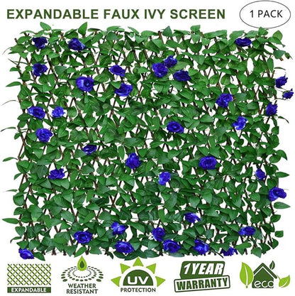Expandable Fence Privacy Screen for Balcony Patio Outdoor,Decorative Faux Ivy Fencing Panel,Artificial Hedges (Single Sided Leaves) (1, Blue Flowers)