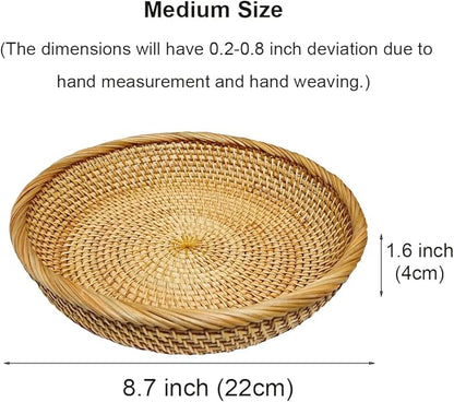 RT&BS Round Rattan Tray, Natural Rattan Decorative Tray, Christmas Food Tray, Handwoven Serving Baskets for Breakfast, Drinks, Snacks (M, Ø8.7 * 1.6'')