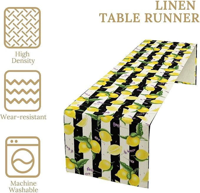 Farmhouse Lemon Fruit Table Runner Nature Aesthetic Black White Stripe Flowers Plant Dining Table Decoration for Home Holiday Party Dresser Kitchen Cabin Restaurant Wedding Decor 13×60in