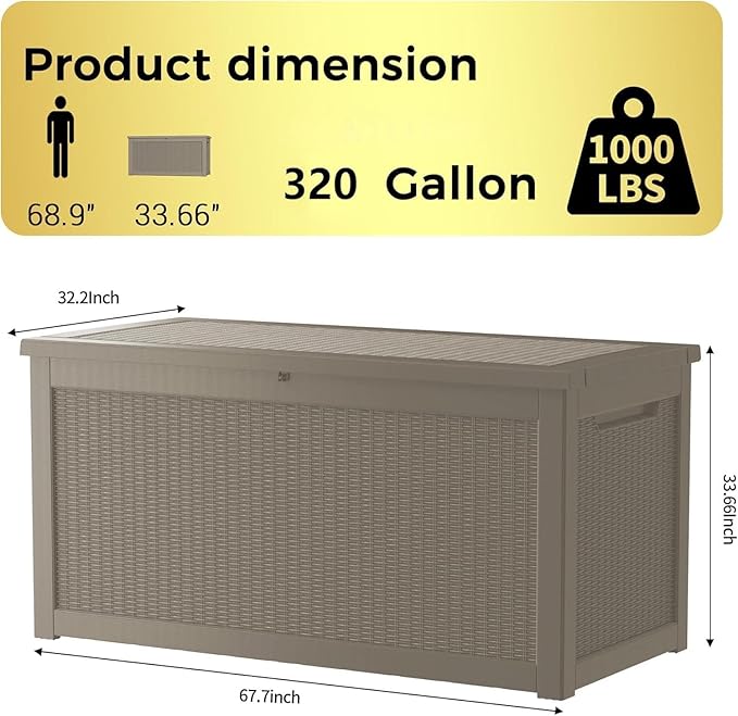 320 Gallon Outdoor Storage Box Waterproof Lockable Resin Deck Box Large, Patio Storage Bin for Pool Accessories Cushion Furniture, Garden Tools, UV-Resistant Outside Delivery Grey