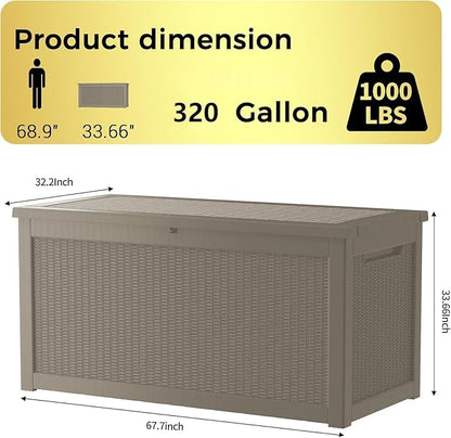 320 Gallon Outdoor Storage Box Waterproof Lockable Resin Deck Box Large, Patio Storage Bin for Pool Accessories Cushion Furniture, Garden Tools, UV-Resistant Outside Delivery Grey