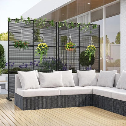 Casaphoria Metal Privacy Screen Outdoor, 72" H x 47" W Freestanding Decorative Privacy Screen for Patio Deck Balcony Garden with Stable Base, Black-Cross Stripe