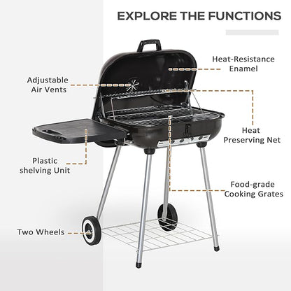 21 Inch Portable Charcoal Grill with Wheels and Bottom Shelf, Outdoor BBQ Smoker with Adjustable Lid Vents, Charcoal Barbecue for Picnic, Camping, Patio & Backyard