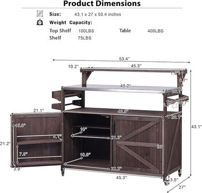 53.3" Outdoor Kitchen Island with Stainless Steel Top, Rolling Grill Cart with Adjustable Shelves, Raised Shelf, Lockable Wheels, Portable Outdoor Table and Bar Storage Cabinet for Patio