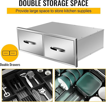 Outdoor Kitchen Drawers, Flush Mount Triple Access BBQ Drawers With Stainless Steel Handle, BBQ Island For BBQ Island Patio Grill Station,Double Drawers