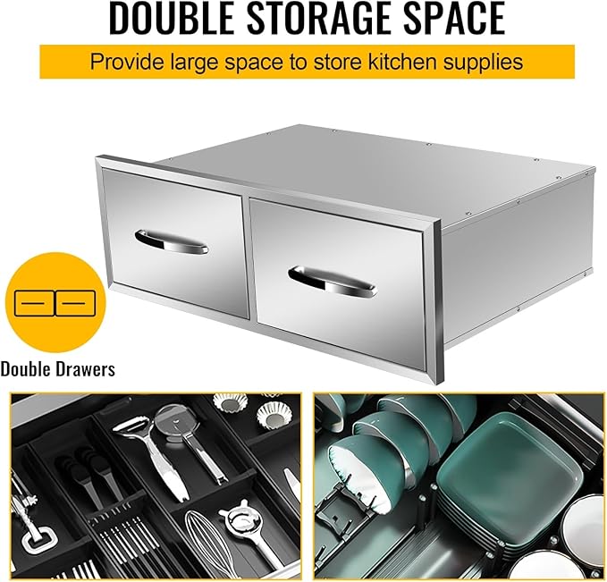 Outdoor Kitchen Stainless Steel Triple Access BBQ Drawers With Handle For BBQ Island Patio Grill Station,Double Drawers