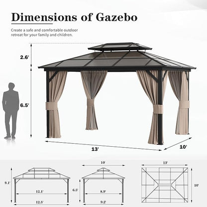 10'x13' Hardtop Gazebo, Outdoor Polycarbonate Double Roof Canopy, Aluminum - Image 2