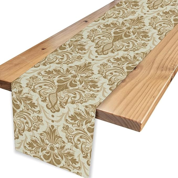 Damask Table Runner, Rustic Gothic Gold Baroque Style Floral Bohemian Boho Flower Antique Vintage Coffee Table Center Decor for Kitchen and Dining Outdoor Country Party Table Decorations, 13"x108"