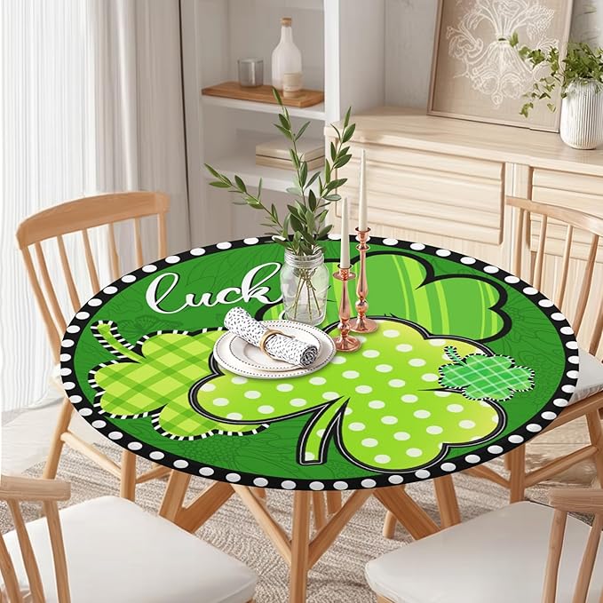 St Patricks Day Round Fitted Tablecloth with Elastic Green Shamrock Lucky Circle Table Cover for 40-44" Tables Spring Clover Wipeable Waterproof Washable Table Cloth for Party Picnic Dining Decor