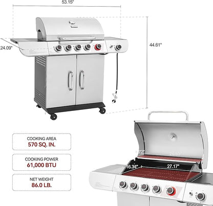 Royal Gourmet SG5002 5 Burner Propane Gas Grill with Side Burner & Sear Burner, Stainless Steel Gas Grill with 61,000 BTUs Output for Outdoor Patio Garden Backyard Cooking, Silver