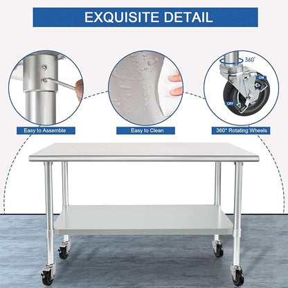 HARDURA Stainless Steel Table with Wheels 30 x 48 Inches Casters NSF Heavy Duty Commercial Work & Prep Table with Undershelf and Galvanized Legs for Restaurant Kitchen Bar and Hotel Garage