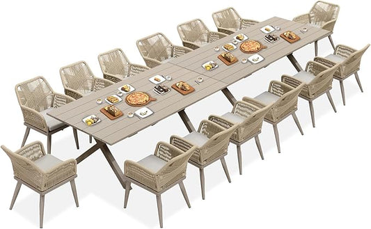 PURPLE LEAF 16 Pieces Outdoor Patio Dining Set All-Weather PE Rattan Furniture Set with All Aluminum Frame Outdoor Table and Chairs Set for 14 People Lawn Garden Backyard Deck, Champagne