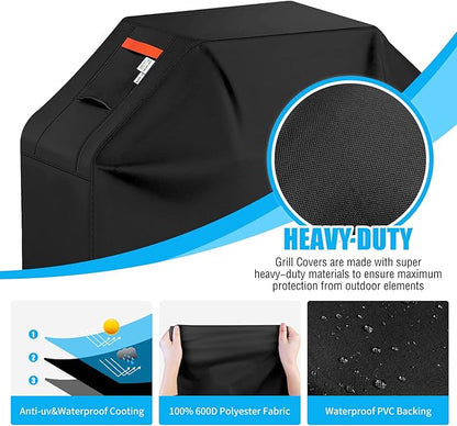Grill Cover 600D Heavy Duty, Universal Fit Waterproof BBQ Grill Protector with Adjustable Straps, Weatherproof Outdoor Oven Cover for All Seasons