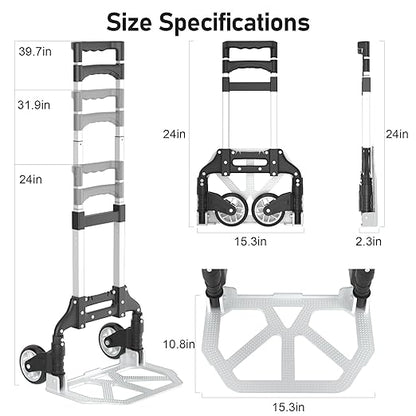 Folding Hand Truck - Aluminum Portable Dolly Cart with Telescopic Handle, Bungee Cord - Compact Lightweight Foldable Luggage Cart for Moving, Home, Auto, 180lbs, Black