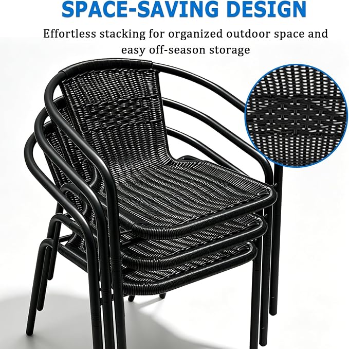 4 Pack Black Stackable Outdoor Rattan Chairs, All-Weather Patio Seating - Image 5