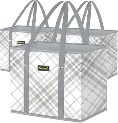 BALEINE 3Pk Reusable Grocery Bags, Foldable Shopping Bags for Groceries with Reinforced Bottom & Handles (Plaid Check)