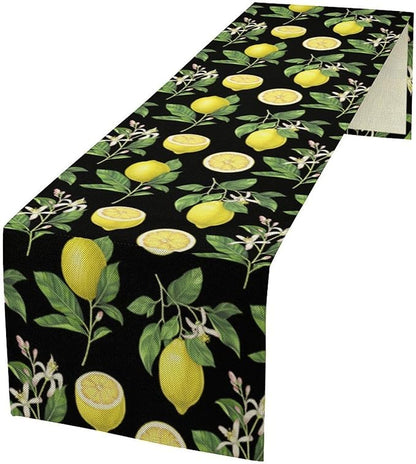 Watercolor Lemon Table Runner, Spring Summer Seasonal Green Leaves Flowers Yellow Fruits Print Table Runner for Farmhouse Kitchen Dining Table Home Party Indoor Decor 13x90in