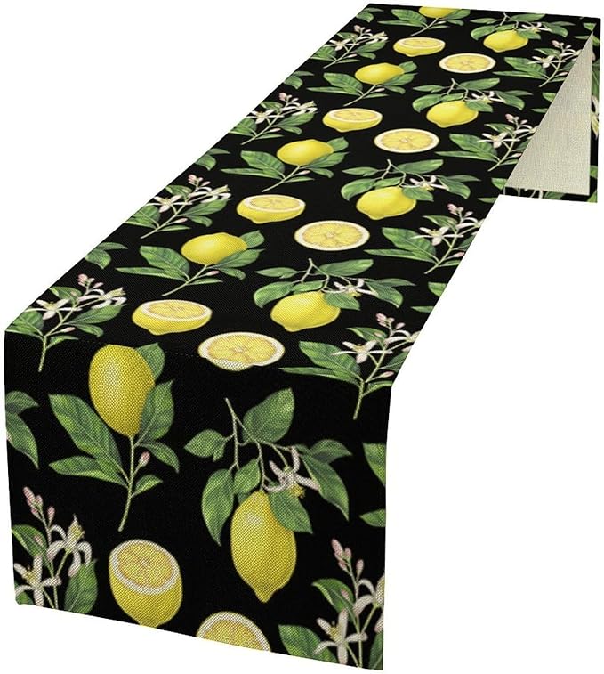 Watercolor Lemon Table Runner, Spring Summer Seasonal Green Leaves Flowers Yellow Fruits Print Table Runner for Farmhouse Kitchen Dining Table Home Party Indoor Decor 13x60in