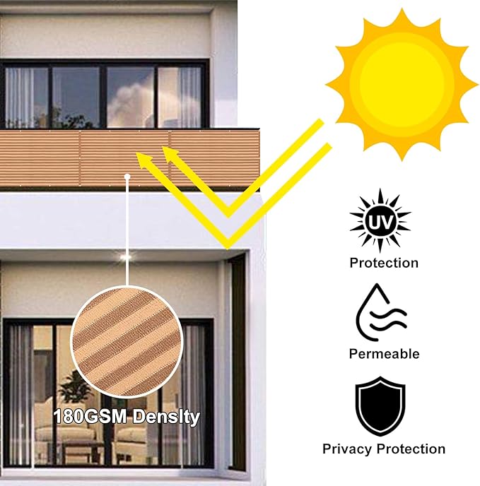 Eden's Decor Balcony Privacy Screen Brown/Khaki 2'6"x 45' Cover Mesh Windscreen Weather-Resistant UV Protection for Backyard Deck, Patio, Balcony, Pool, Porch, Fence, Railing, Gardening