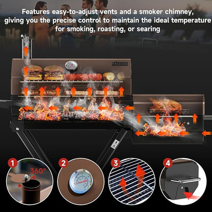 Portable Charcoal Grill with Smoking Function, Foldable Suitcase Design with Wheels, Multi-Tier Storage Rack & Waterproof Cover for Outdoor BBQ Parties (Khaki)