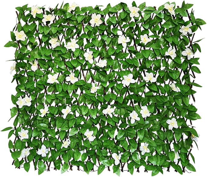 Expandable Fence Privacy Screen for Balcony Patio Outdoor,Decorative Faux Ivy Fencing Panel,Artificial Hedges (Single Sided Leaves) (1, White Flowers)