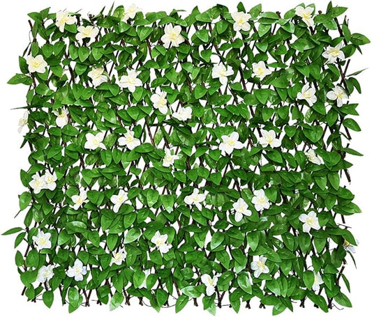 Expandable Fence Privacy Screen for Balcony Patio Outdoor,Decorative Faux Ivy Fencing Panel,Artificial Hedges (Single Sided Leaves) (1, White Flowers)