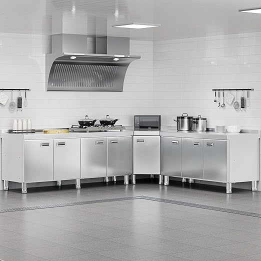 KINGBO Stainless Steel Corner Cabinet Heavy Duty Prep Table with 304 Stainless Steel Worktop Commercial Worktable Workbench with Storage Cabinet for Kitchen Garage Restaurant Outdoor