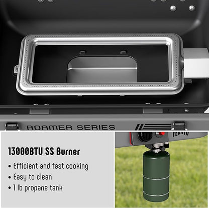 Portable Propane Gas Grill with Folding Cart & 13000 BTUs Burner, 360 Sq. In. Cast Iron Cooking Grates, Side Table, 8" Wheels, Stainless Grease Tray for Outdoor BBQ, Camping & Tailgating, Grey