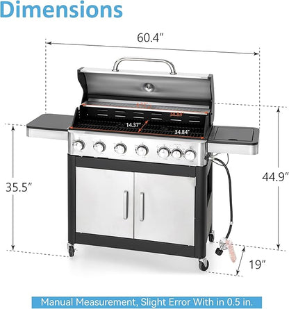 6 Burner Propane Gas BBQ Grill with Side Burner & Porcelain-Enameled Cast Iron Grate, 65,800 BTUs Barbecue Grill 665 Sq. In. Grilling Area, Outdoor Propane Grill for Camping Patio Backyard Cooking