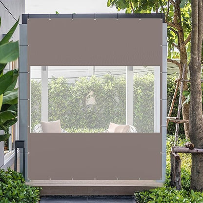 Domi Heavy Duty Outdoor Clear Panel Curtain, 18 oz Waterproof PVC Polyester Curtain, Weather Resistant & Tearproof for Patios, Gazebos, Pergolas, Privacy Screen (10'H x 7'W, Gray)