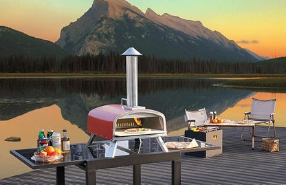 PIZZELLO 16" Outdoor Pizza Oven Propane & Wood Fired Stainless Steel Pizza Grill with Gas Burner, Wood Tray Pizza Stone, Pizza Peel, Carry Bag (Red)