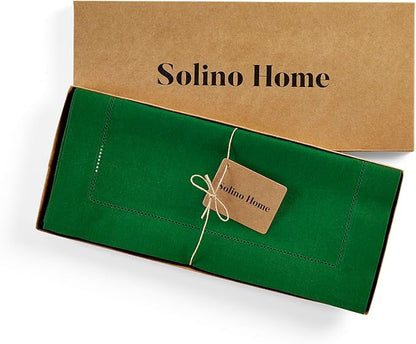 Solino Home Linen Garden Green Table Runner 108 Inches Long - 100% Pure Linen Hemstitch 14 x 108 Inch Table Runner for Dining, Winter, St Patricks Day, Easter - Classic Hemstitch