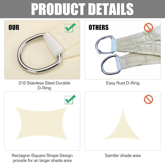 Neween Shade Sails, Waterproof Sun Shade Sail Rectangle UV Block Canopy Sun - Image 4