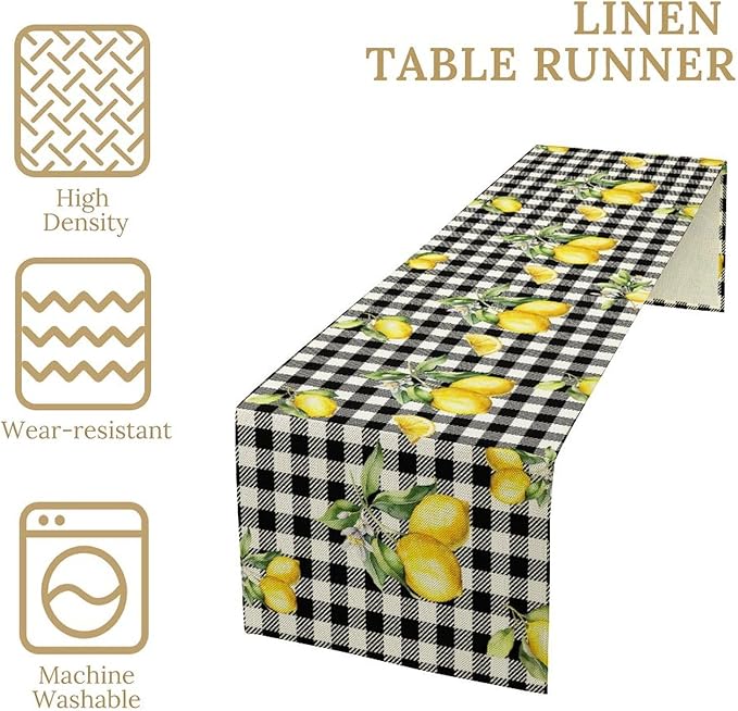 Fresh Lemon Table Runner, Yellow Lemon Black White Buffalo Check Plaid Table Runner for Farmhouse Coffee Home Kitchen Dining 13x120in