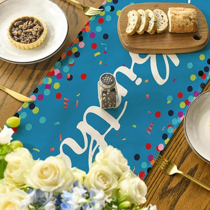 Artoid Mode Polka Dot Blue Happy Birthday Table Runner, Seasonal Winter Kitchen Dining Table Decoration for Home Party Decor 13x72 Inch