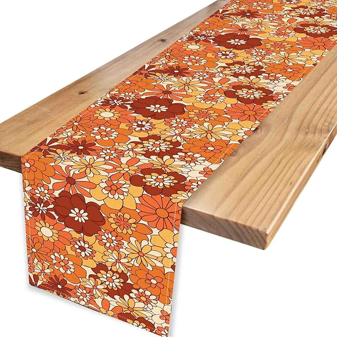 Orange Floral Table Runner, Retro Groovy 70s Hippie Floral Funky Cute Flower Trippy Coffee Table Center Decor For Home Kitchen Dining Patio Holiday Party Indoor Outdoor Table Decorations, 13"x72" Inch