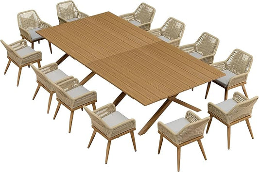 PURPLE LEAF Outdoor Dining Set All-Weather PE Rattan Outdoor Patio Furniture Set with All Aluminum Frame Square Table and Chairs 14 Pieces Set for Lawn Garden Backyard Deck, Teak