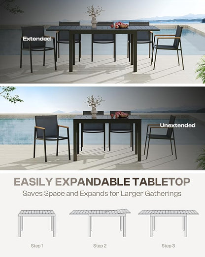Expandable Outdoor Patio Dining Table Set for 6-8 Person, Aluminum Outdoor Table and 8 Chairs with Textilene Fabric & HDPS Armrest, All-Weather Patio Furniture Set for Yard, Garden, Gray