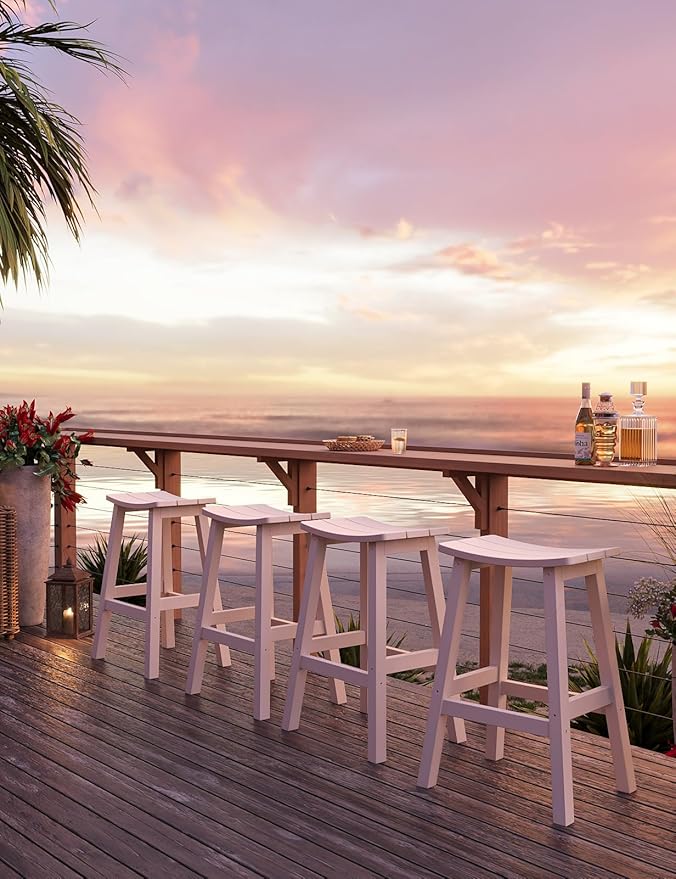 Weatherproof Bar Stools Set of 4, 28" Height Outdoor Bar Stools Holds up to 400 lbs, Saddle Seat, Bar Height Stools for Patio, Garden, and Kitchen Island, White