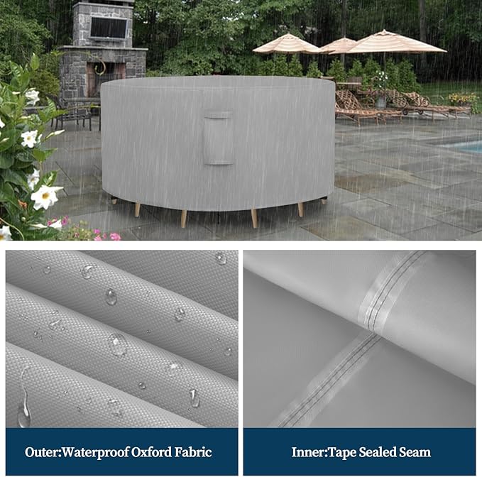Easy-Going Round Patio Furniture Cover Waterproof Outdoor Dining Table and Chair Cover Anti-UV Outside Sectional Sofa Set Covers (96"DIA x 28"H, Grey)