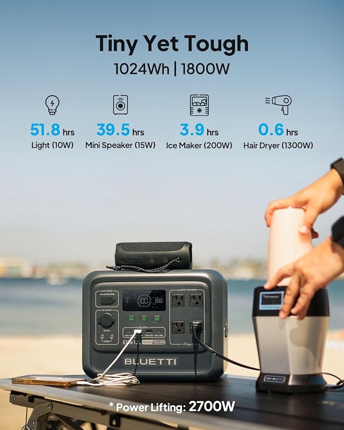 BLUETTI Elite 100 V2 Solar Generator and Solar Charging Cable, 1024Wh LFP Battery Portable Power Station w/ 4 1800W AC Outlets (3600W Surge) Backup, 35% Smaller for Camping, RV, UPS, Outages