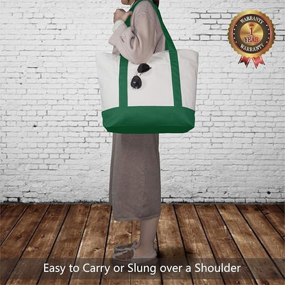 TOPDesign 3-Pack Canvas Tote Bags with an External Pocket, Reusable Grocery Shopping Bags, Top Zipper Closure, Daily Essentials (Green/Natural)