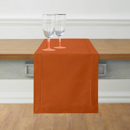 Solino Home Cotton Linen Cinnamon Table Runner 108 Inches Long - Hemstitch 14 x 108 Inch Table Runner - Handcrafted and Machine Washable