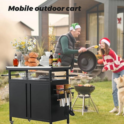 Outdoor Grill Cart Bar Cart with Storage Cabinet for Grilling Accessories, XL Portable Outdoor Grill Table with Stainless Steel Top for Kitchen Prep, Lawn & Garden（Black）