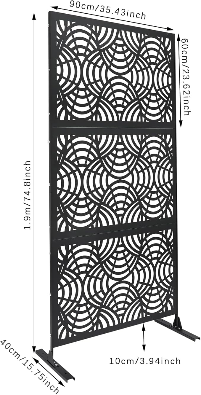 Metal Outdoor Privacy Screen with Stand,Freestanding Privacy Screen & Panels,Decorative Outdoor Divider with Stand Panels for Deck Patio Balcony (35.43 * 74.8in Black)