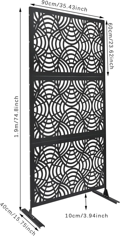 75" H×35" W Decorative Outdoor Privacy Screen with Stand, Outdoor Decor Privacy Fence Screen Metal Fence Panels, Free Standing Metal Divider for Patio Lawn Deck (Black -Curved Pattern)