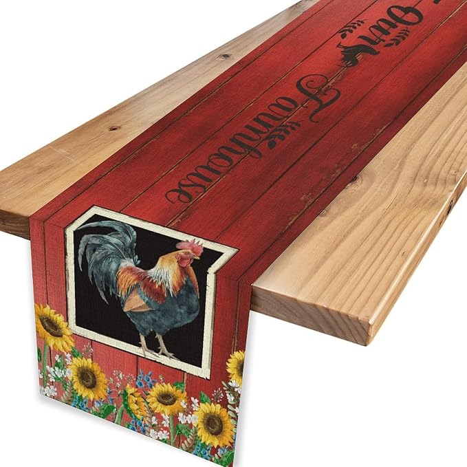 Rooster Table Runner, Farmhouse Vintage Chicken Wooden Sunflower Floral Cow Pig Red Coffee Table Center Decor for Family Kitchen and Dining Room Outdoor Country Party Table Decorations, 13"x72"