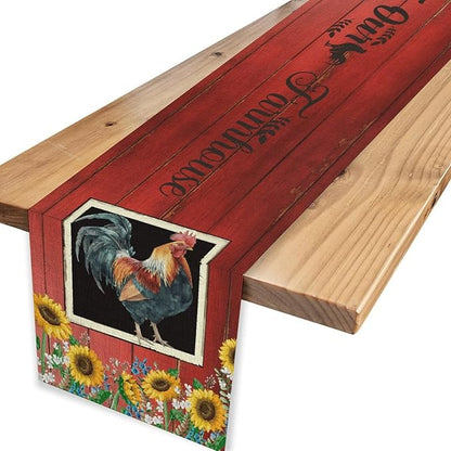 Rooster Table Runner, Farmhouse Vintage Chicken Wooden Sunflower Floral Cow Pig Red Coffee Table Center Decor for Family Kitchen and Dining Room Outdoor Country Party Table Decorations, 13"x72"