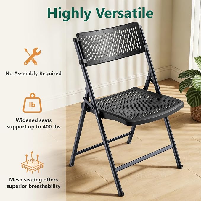 4-Pack Black Folding Chairs, Mesh Plastic Seat - Image 4